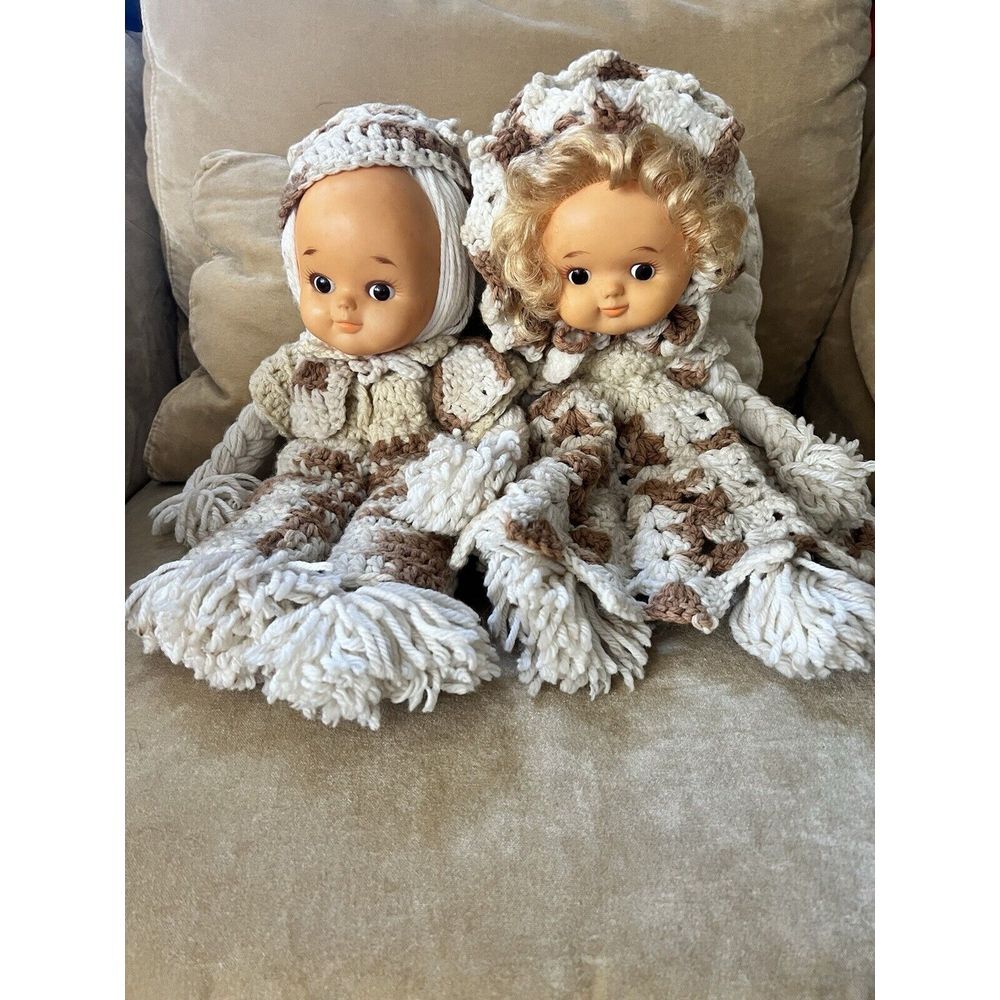 2 Vintage Play Baby‎ Dolls Crochet Yarn Rubber Face Handmade Boy Girl  Big Eye
